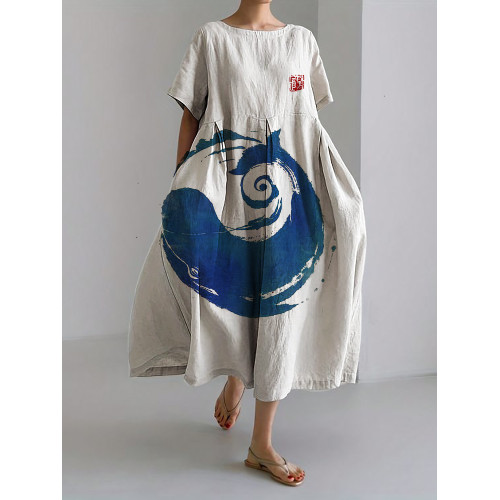 Whale Breach Japanese Brush Art Linen Blend Maxi Dress