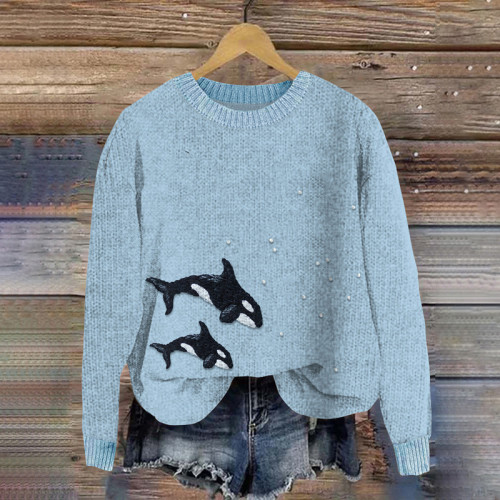 Whale Embroidered Artwork Cozy Sweater
