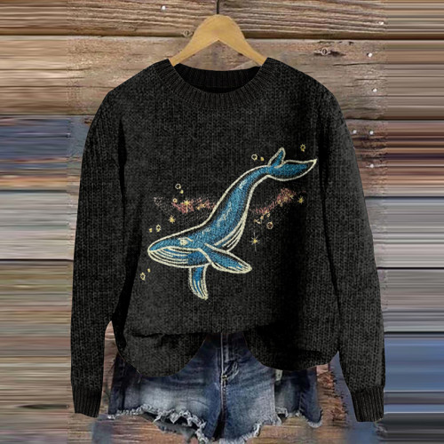 Whale Embroidered Artwork Cozy Sweater