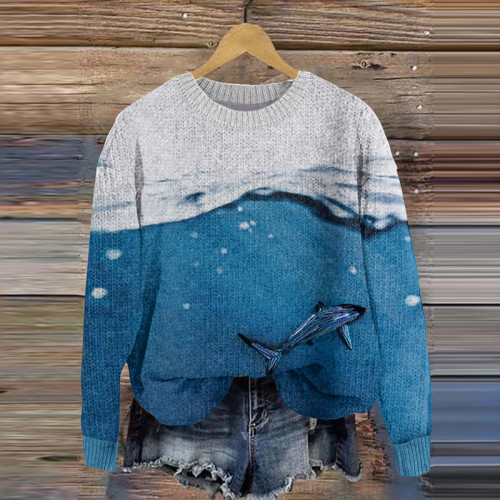 Whale Embroidery Art Casual Cozy Knit Sweater