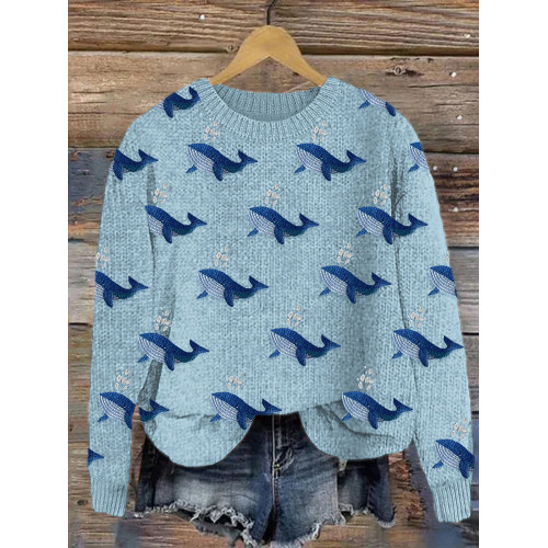 Whale Embroidery Art Cozy Knit Sweater