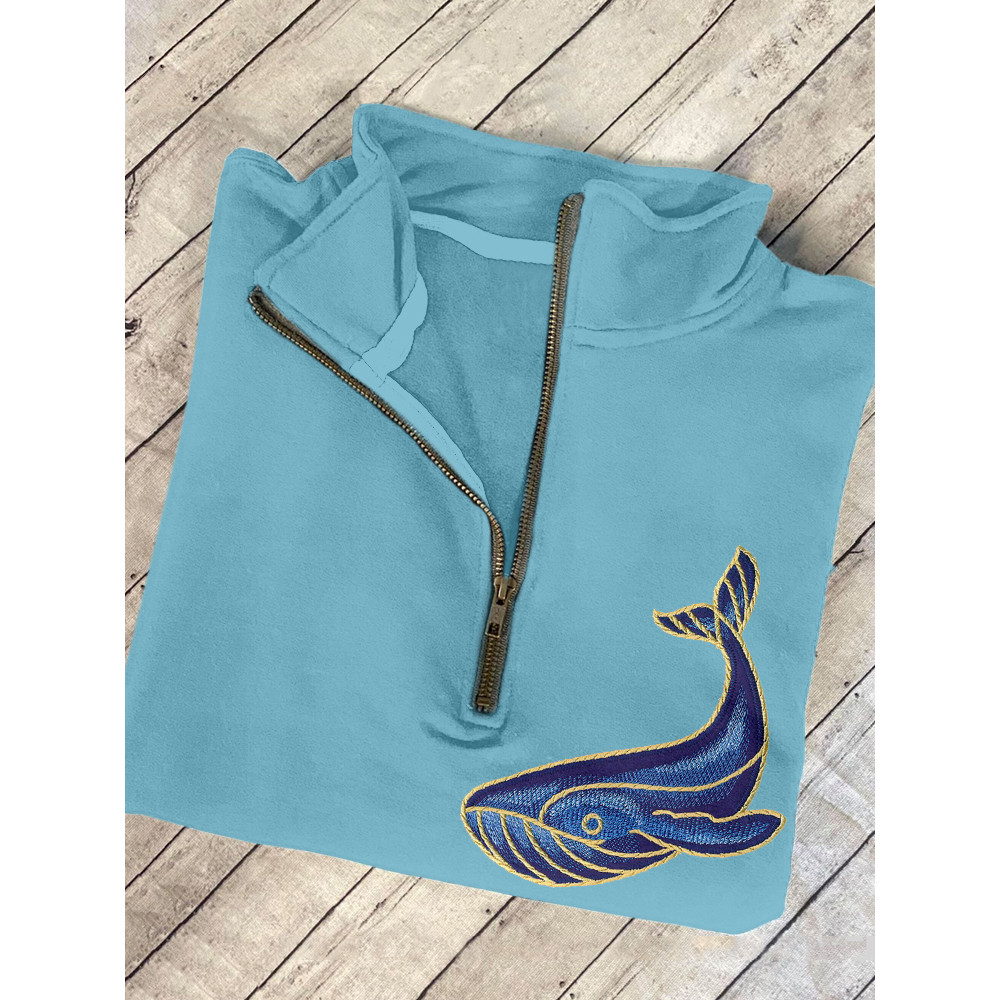 Whale Embroidery Art Graphic Zip Up Sweatshirt