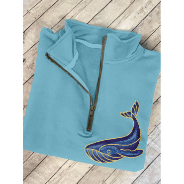 Whale Embroidery Art Graphic Zip Up Sweatshirt