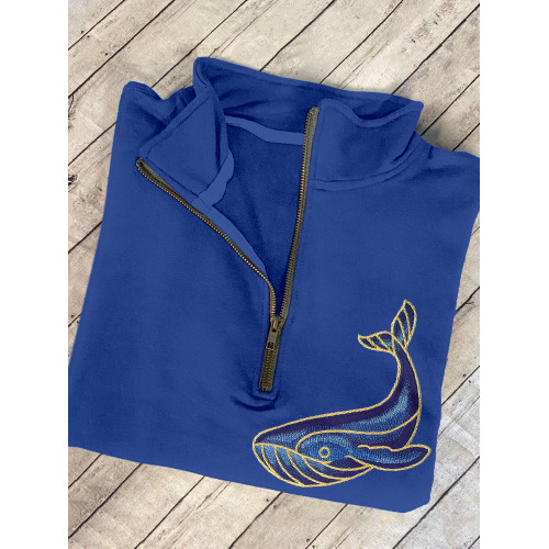 Whale Embroidery Art Graphic Zip Up Sweatshirt