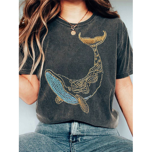 Whale Embroidery Pattern Casual Cotton T-Shirt