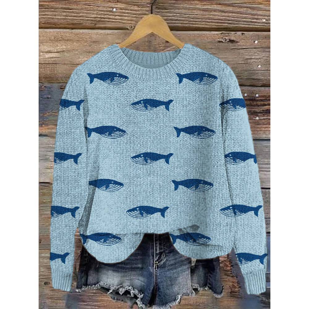Whale Embroidry Art Cozy Knit Sweater