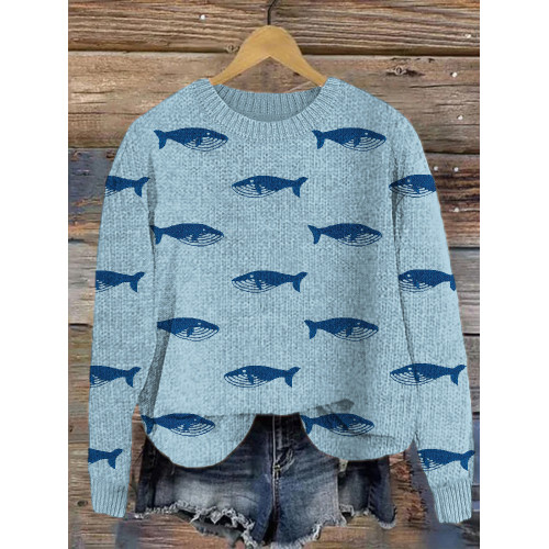 Whale Embroidry Art Cozy Knit Sweater