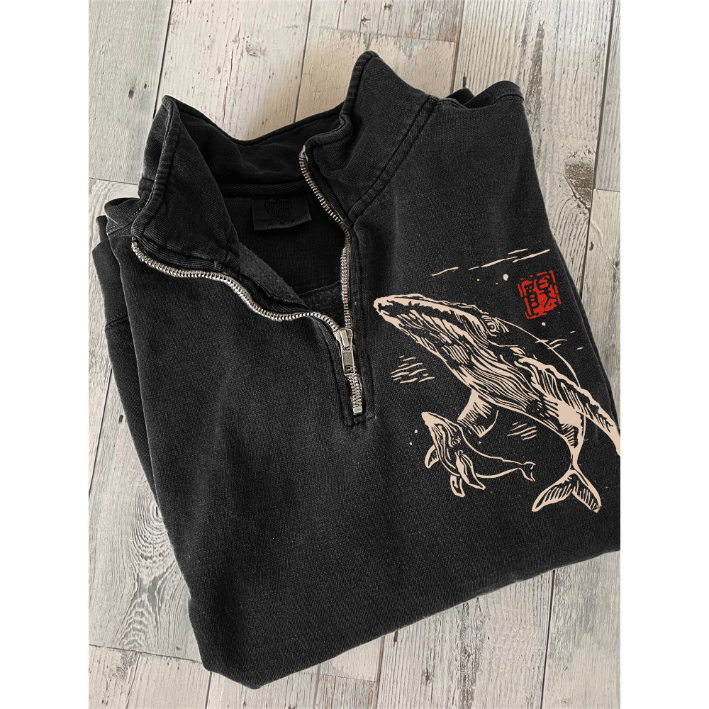 Whale Family Japanese Lino Art Zip Up Sweatshirt