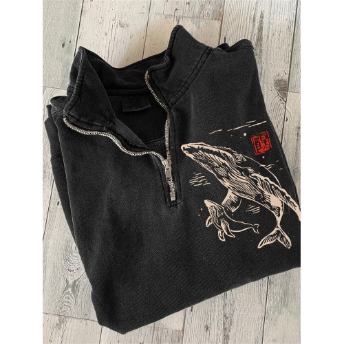 Whale Family Japanese Lino Art Zip Up Sweatshirt