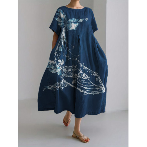 Whale Floral Cyanotype Art Linen Blend Maxi Dress