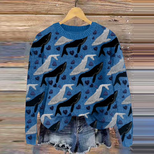 Whale Heart Graphic Art Casual Cozy Knit Sweater