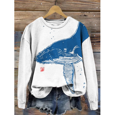 Whale Japanese Lino Art Graphic Crew Neck Comfy Sweatshirt