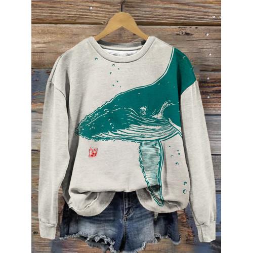 Whale Japanese Lino Art Graphic Crew Neck Comfy Sweatshirt