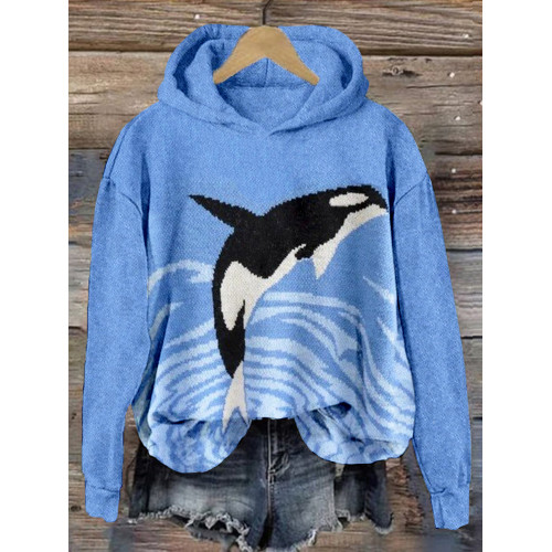 Whale Knit Art Pattern Vintage Cozy Hoodie