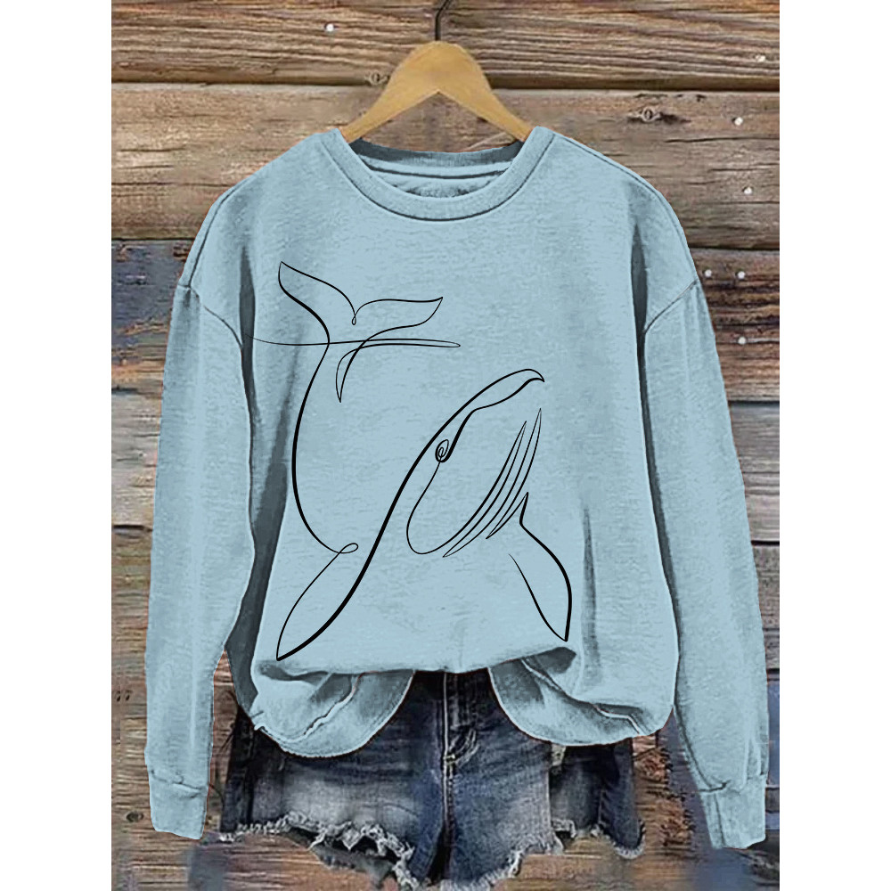 Whale Line Art Printed Casual Cozy Sweatshirt