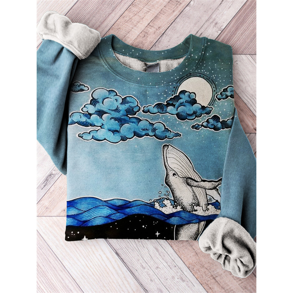 Whale Night Ocean Contrast Art Cozy Sweatshirt