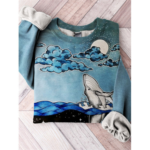 Whale Night Ocean Contrast Art Cozy Sweatshirt