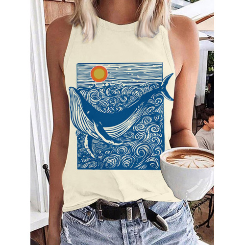 Whale Ocean Doodle Art Crew Neck Casual Tank Top