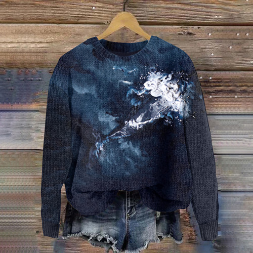 Whale Oil Painting Art Casual Cozy Knit Sweater