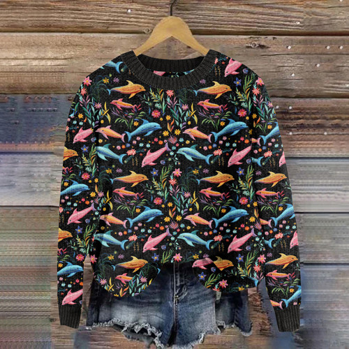 Whale Pattern Cozy Knit Sweater