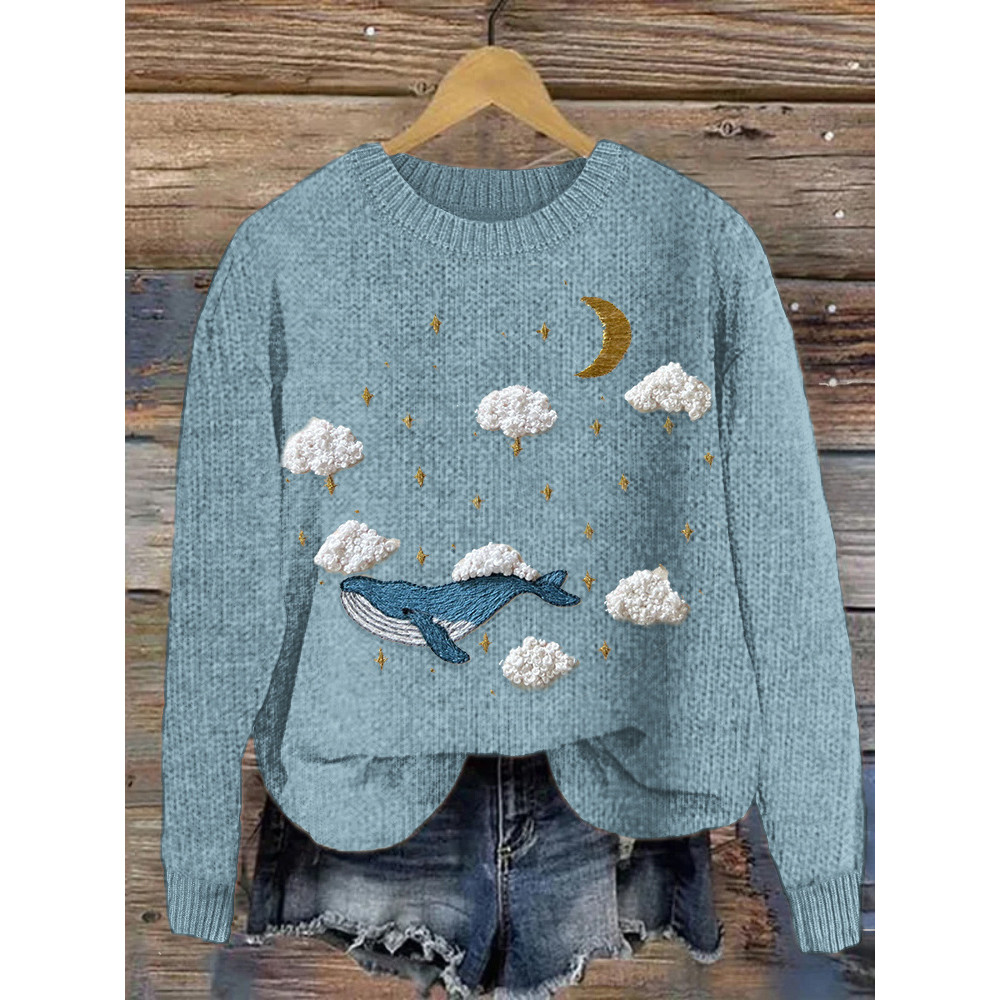 Whale Pattern Embroidery Art Cozy Knit Sweater