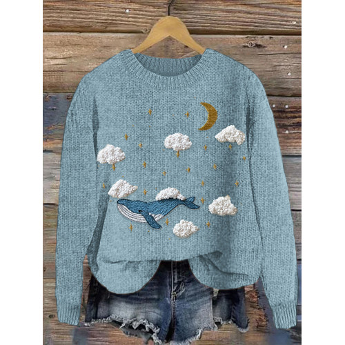 Whale Pattern Embroidery Art Cozy Knit Sweater