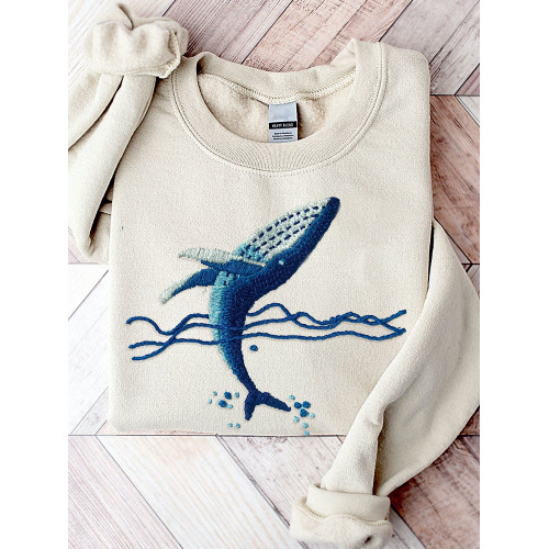 Whale Pattern  Embroidery Art Cozy Sweatshirt