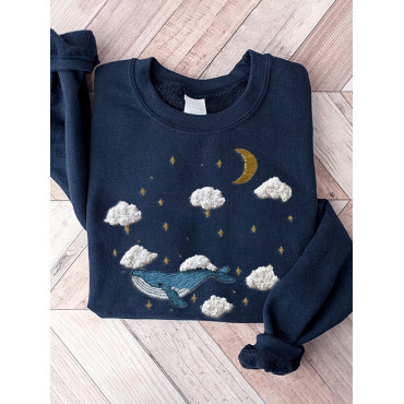 Whale Pattern Embroidery Art Cozy Sweatshirt