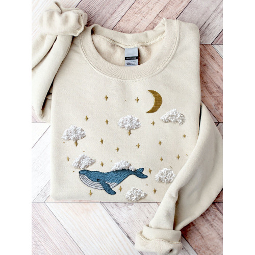 Whale Pattern Embroidery Art Cozy Sweatshirt