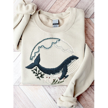 Whale Pattern Embroidery Art Cozy Sweatshirt
