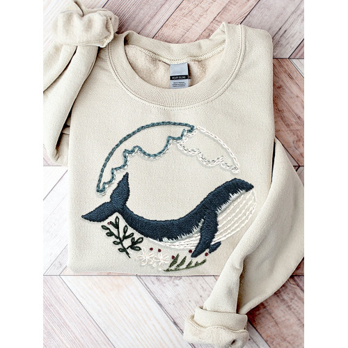 Whale Pattern Embroidery Art Cozy Sweatshirt