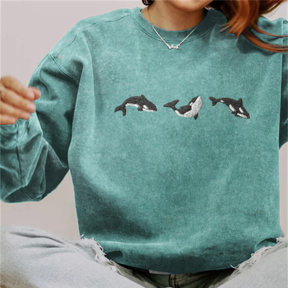 Whale Print Crew Neck Casual Sweatshirt