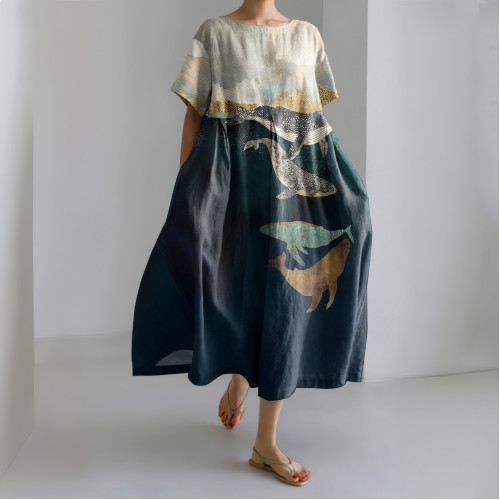 Whale Print Crew Neck Short Sleeved Midi Dress