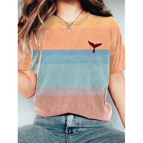 Whale Tail Art Print Casual Cotton T-Shirt