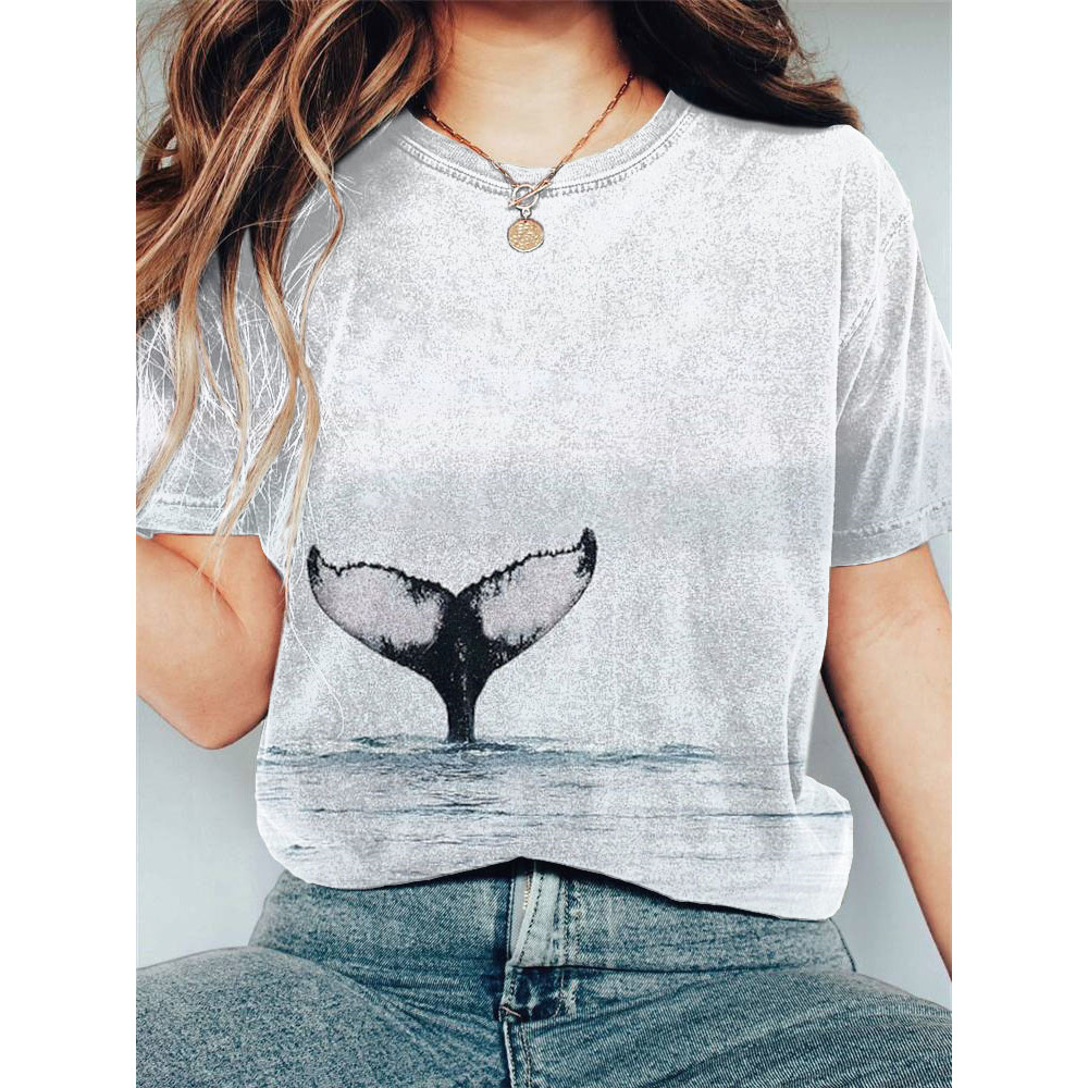 Whale Tail Art Print Casual Cotton T-Shirt