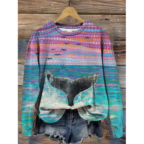 Whale Tail Art Print Crew Neck Cozy Sweatshirt