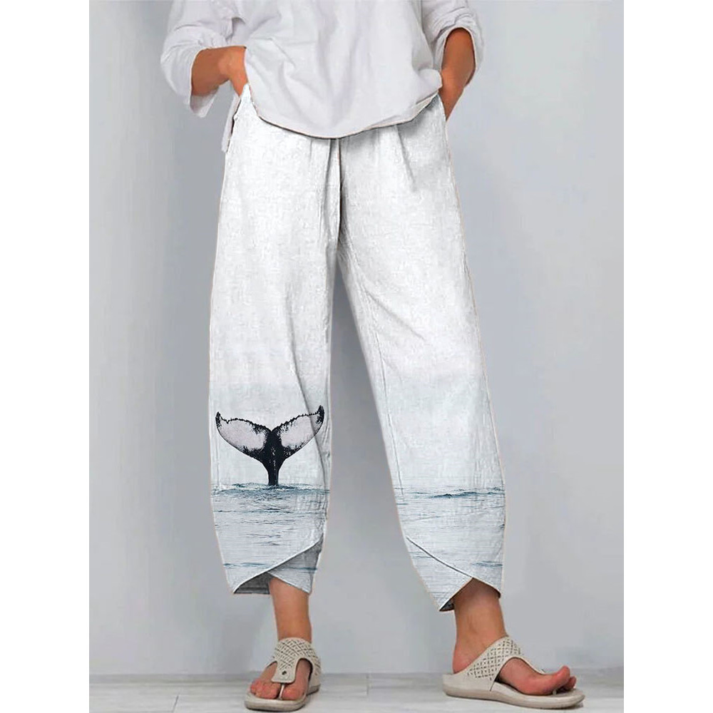 Whale Tail Art Print Linen Blend Casual Pants