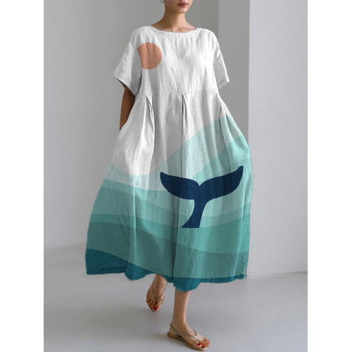 Whale Tail Art Print Linen Blend Dress