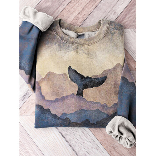 Whale Tail Behind Clouds Colorblock Art Sweatshirt