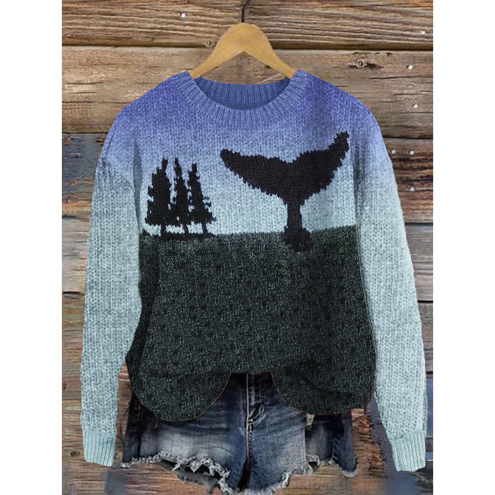 Whale Tail Landscape Knit Art Cozy Sweater