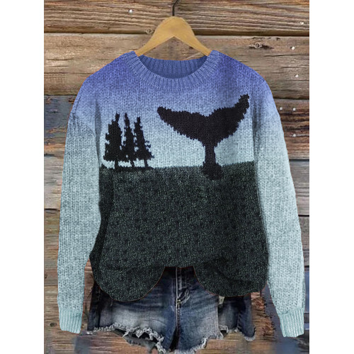 Whale Tail Landscape Knit Art Cozy Sweater