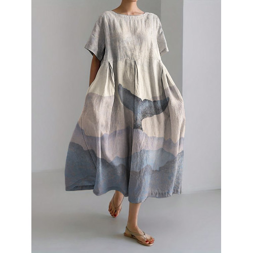 Whale Tail Sea Waves Colorblock Linen Blend Maxi Dress