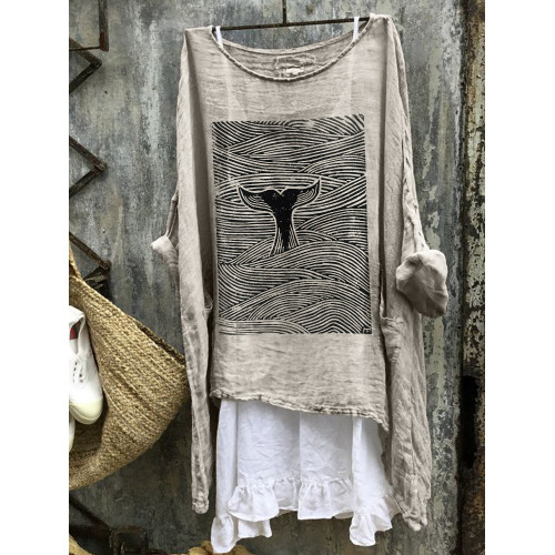 Whale Tail Sea Waves Japanese Lino Art Linen Blend Tunic