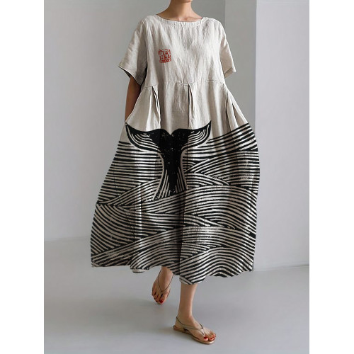 Whale Tail & Sea Waves Lino Art Linen Blend Maxi Dress