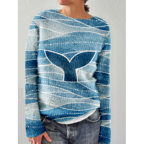 Whale Tail & Waves Graphic Crew Neck Cozy Sweater