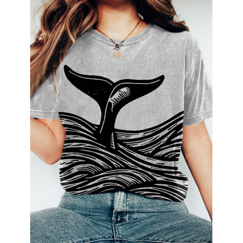 Whale Tail & Waves Lino Art Graphic Vintage T Shirt