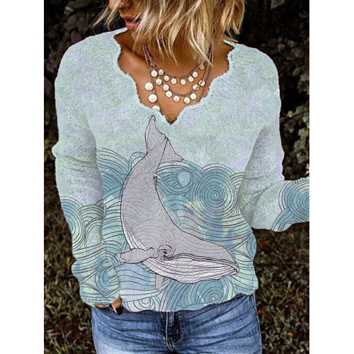 Whale Wave Print Casual V-neck Sweater
