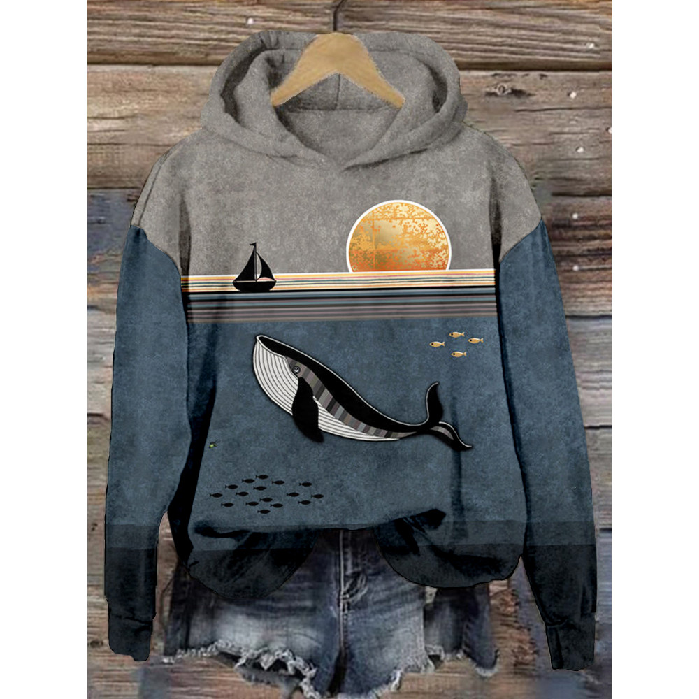Whale & Boat Art Graphic Vintage Comfy Hoodie