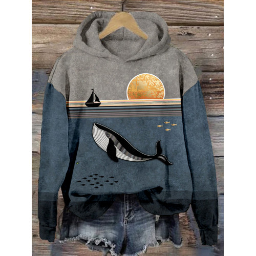 Whale & Boat Art Graphic Vintage Comfy Hoodie