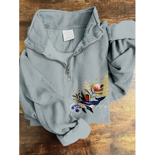 Whale and Flower Embroidery Art Zip Up Comfy Sweatshirt